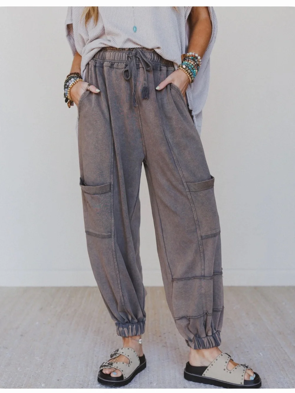 Three Bird Nest Washed Brown Jogger Cargo Pants - Picture 2 of 10